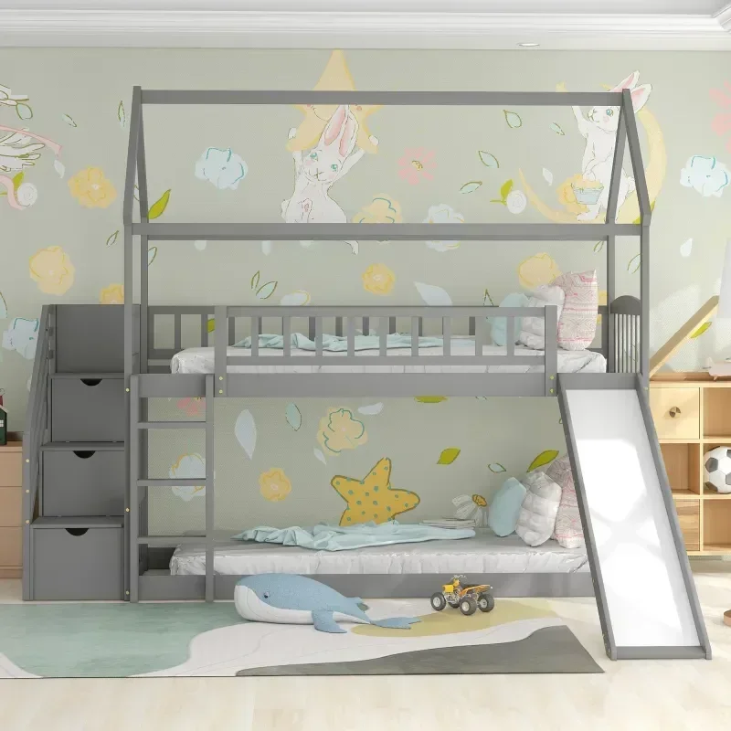 Bunk Bed With Stairs And Slide - Solid wood children's double bed, Twin
