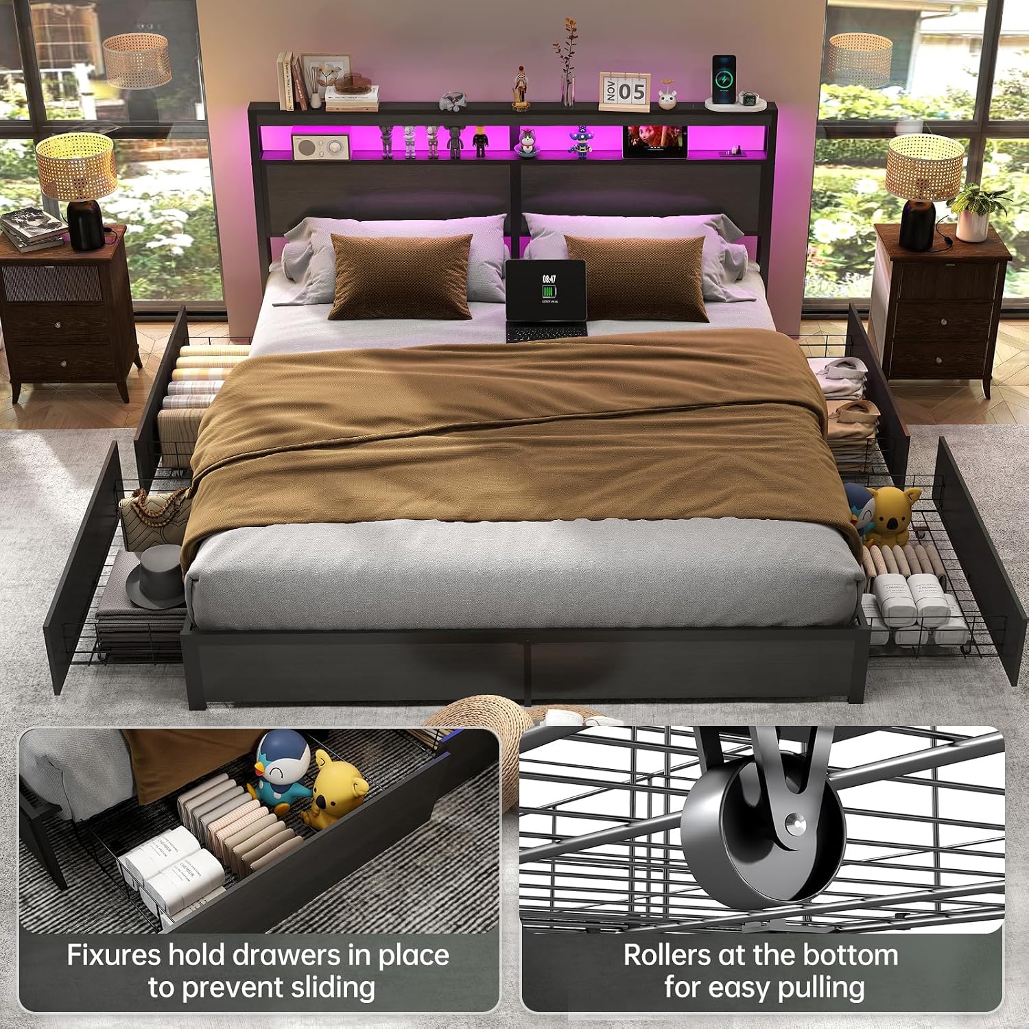 King Size Bed Frame with LED L - огляд і ціна King Size Bed Frame With Storage Drawers