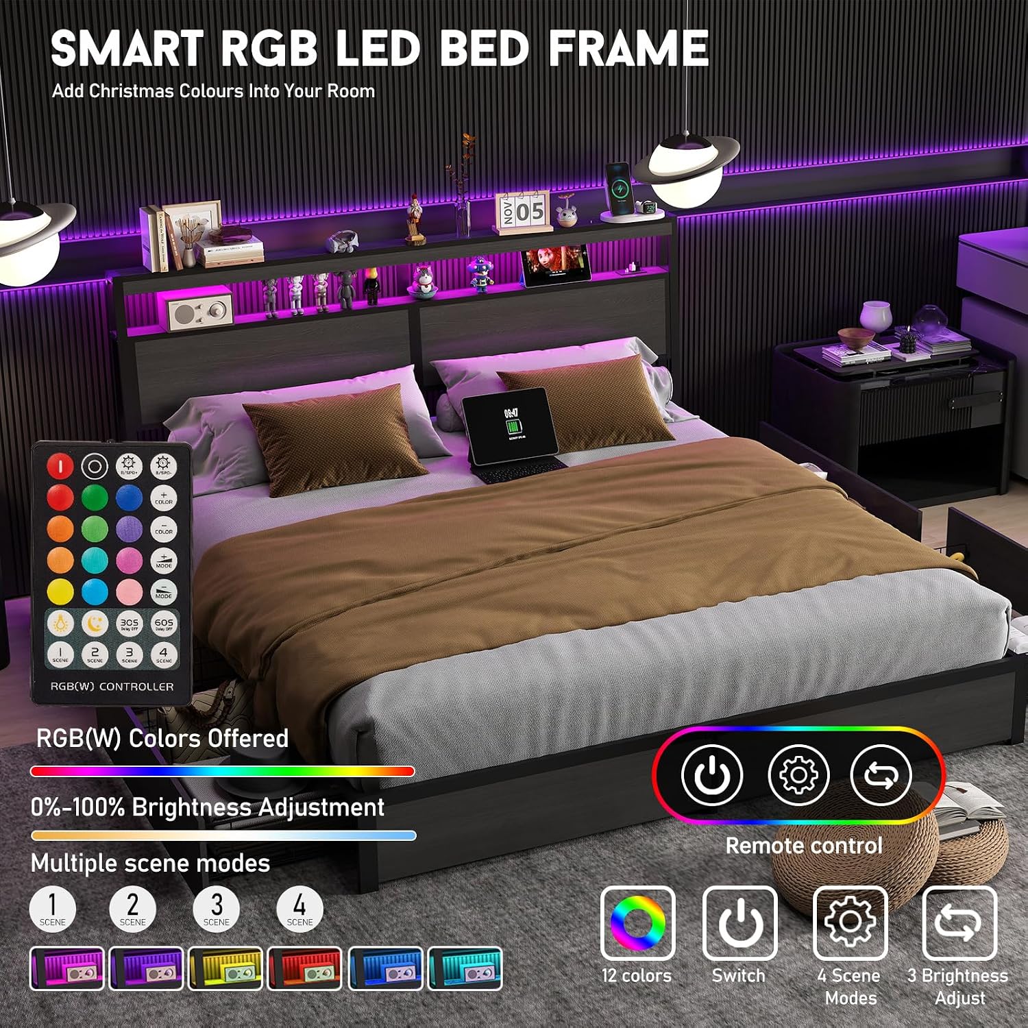 King Size Bed Frame with LED L - огляд і ціна King Size Bed Frame With Storage Drawers
